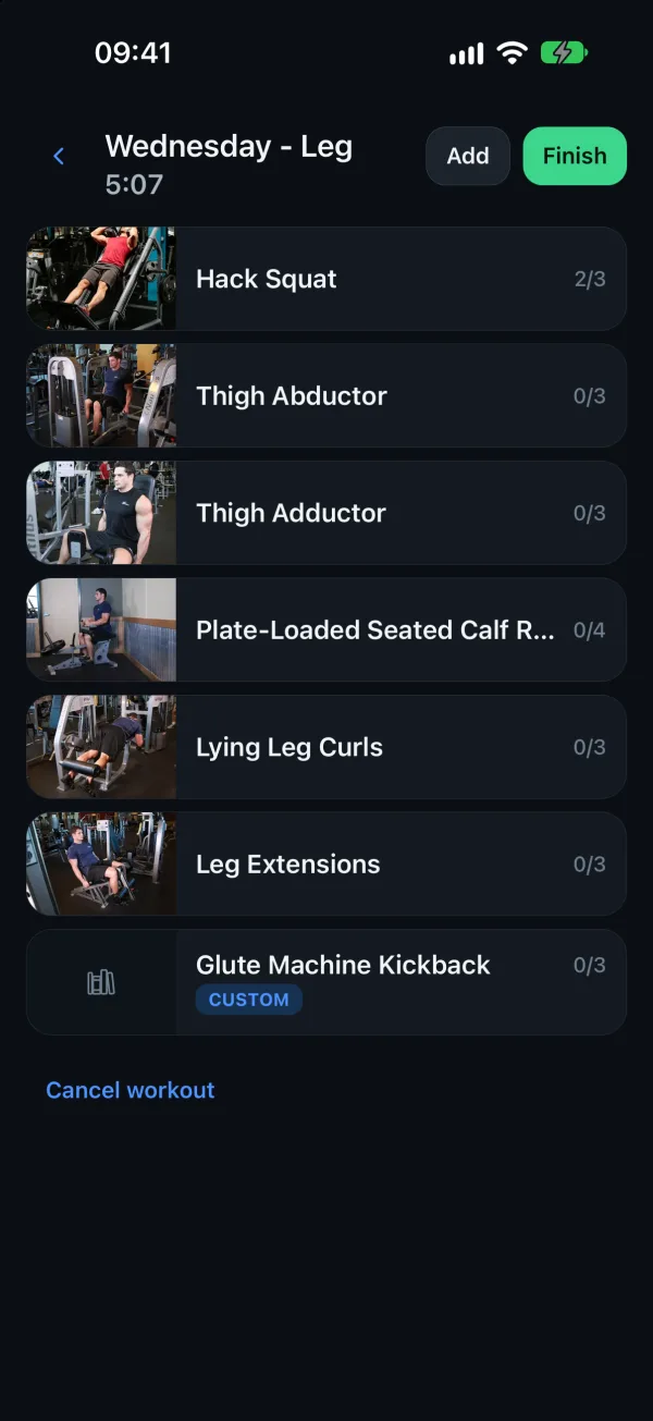 A workout in progress, each exercise with its photo and how many sets are done.